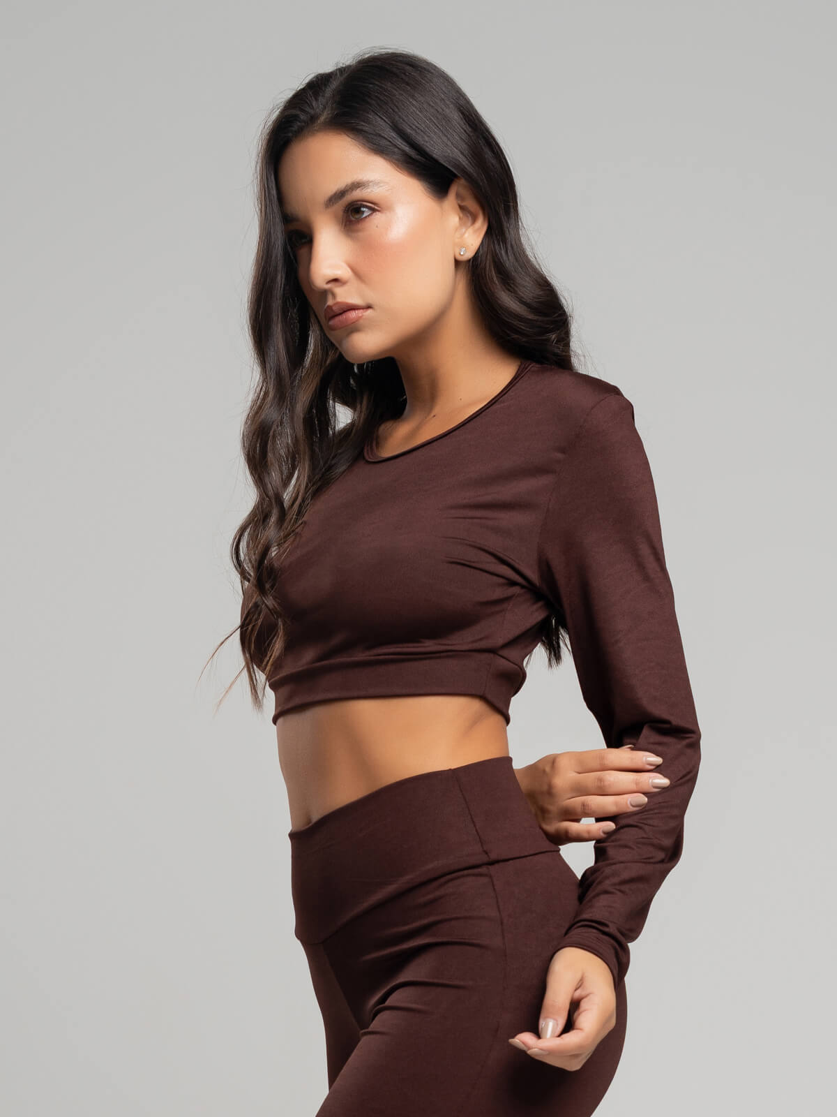 Top Cropped Manga Longa Suplex Fitness Marrom - Vicbela