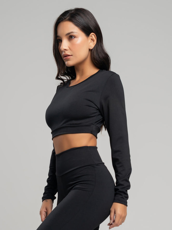 Top Cropped Manga Longa Suplex Fitness Preto – Detalhe Tecido Vicbela