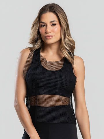 Cropped Regata de Tela Transparente Preto - Vicbela