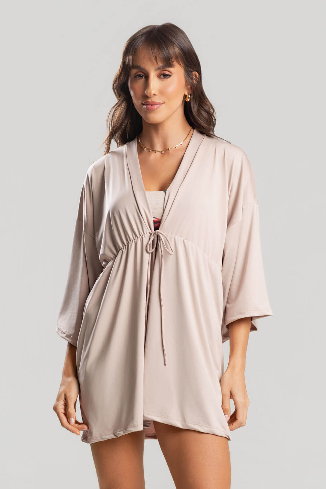 Saída de Praia Kimono Liso Marrom - Vicbela