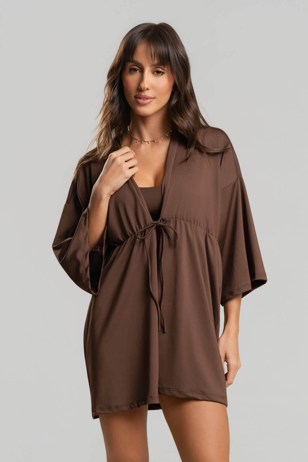 Saída de Praia Kimono Liso Marrom - Vicbela