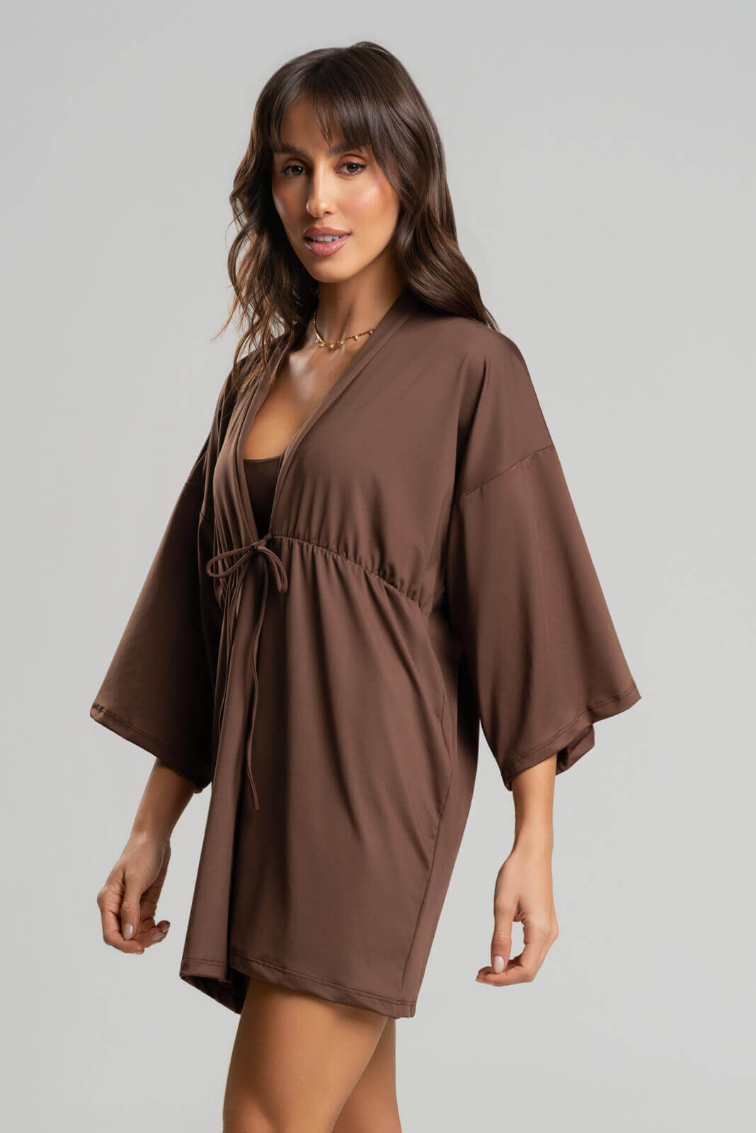 Saída de Praia Kimono Liso Marrom - Vicbela