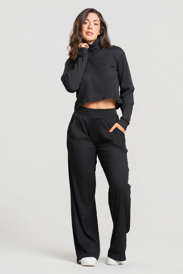 Conjunto Canelado Calça Pantalona + Blusa Golão Manga Longa Preto - Vicbela