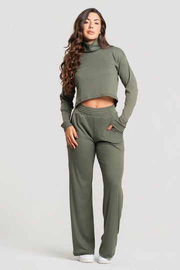 Conjunto Canelado Calça Pantalona + Blusa Golão Manga Longa Verde Militar - Vicbela