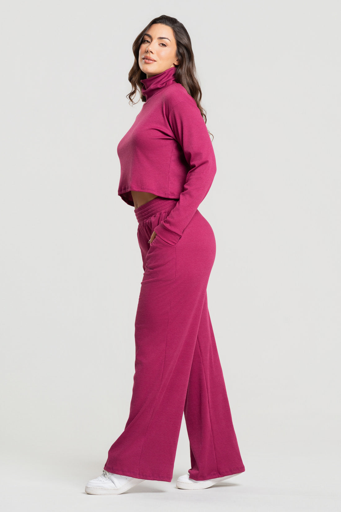 Conjunto Canelado Calça Pantalona + Blusa Golão Manga Longa Vinho - Vicbela
