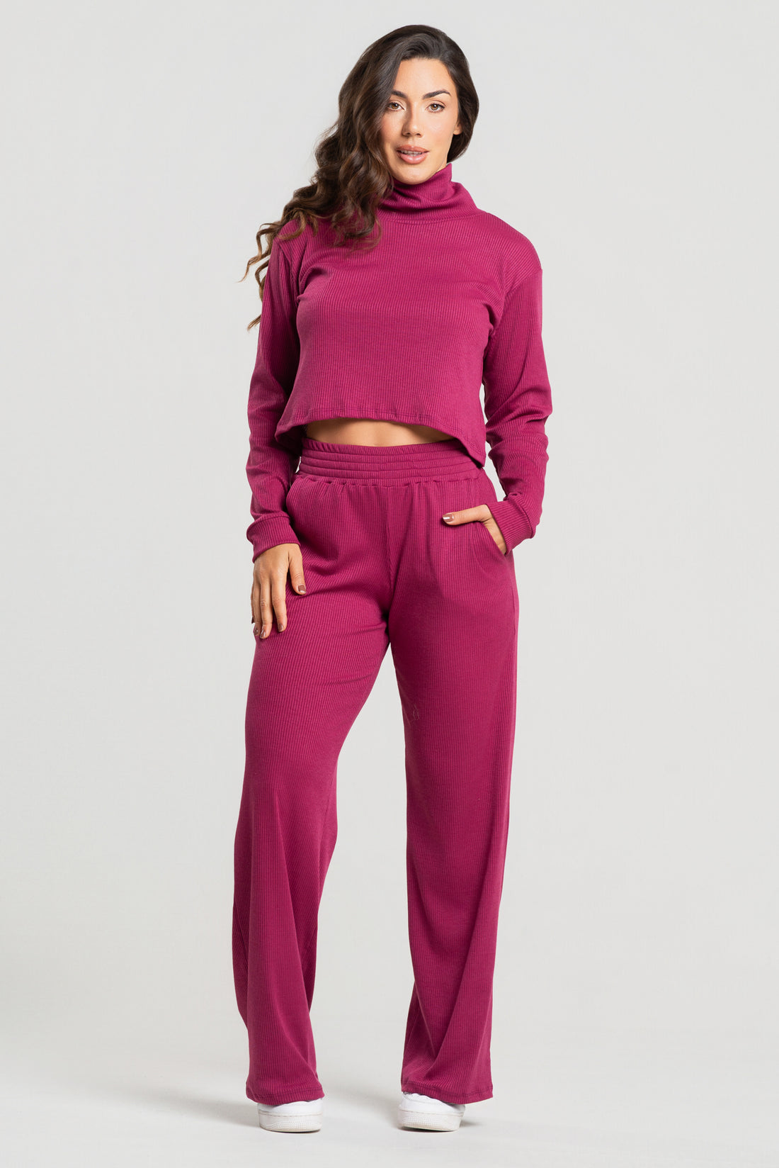 Conjunto Canelado Calça Pantalona + Blusa Golão Manga Longa Vinho - Vicbela