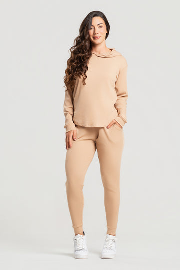 Conjunto Canelado Calça Jogger + Blusa com Capuz Manga Longa Bege - Vicbela