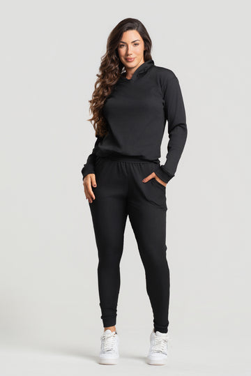 Conjunto Canelado Calça Jogger + Blusa com Capuz Manga Longa Preto - Vicbela