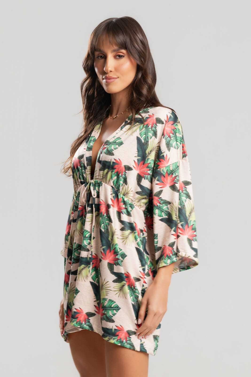 Saída de Praia Kimono UV Estampado Bege - Vicbela