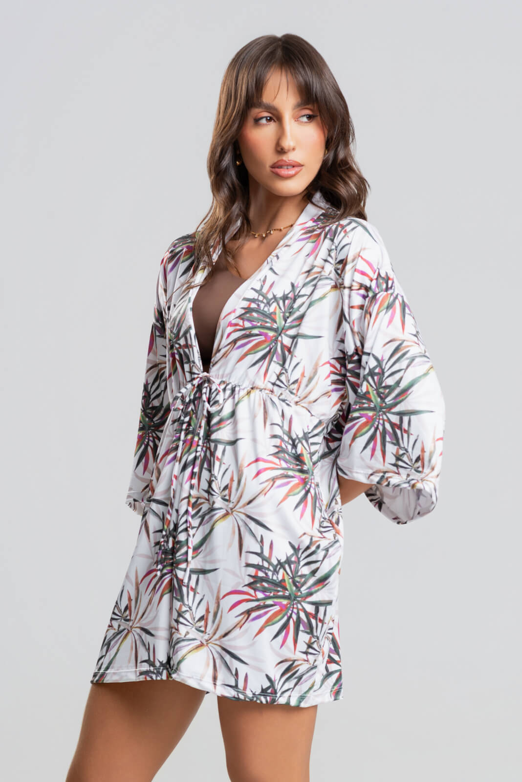 Saída de Praia Kimono UV Estampado Branco - Vicbela