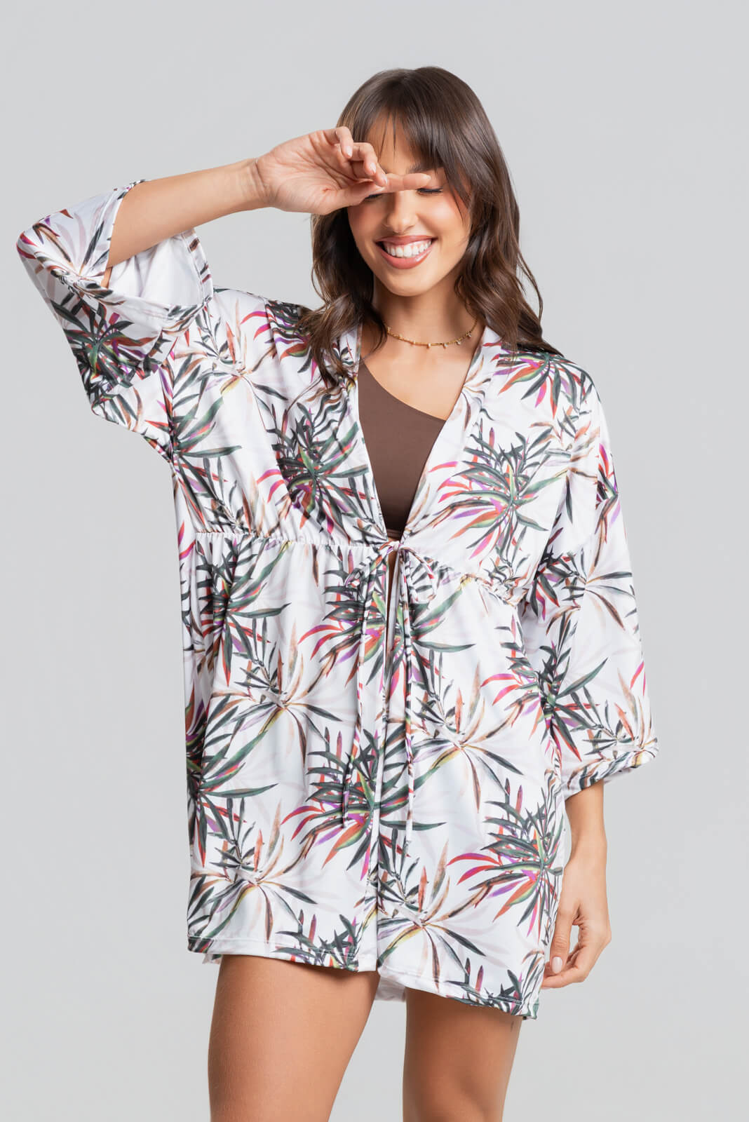 Saída de Praia Kimono UV Estampado Branco - Vicbela