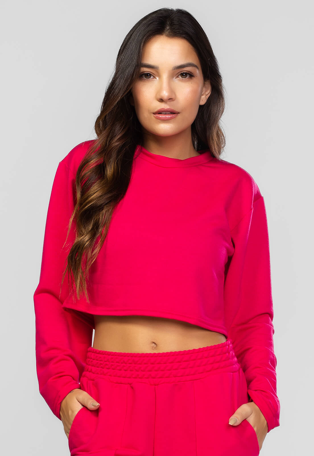 Casaco Cropped Manga Longa Moletinho Pink - Vicbela