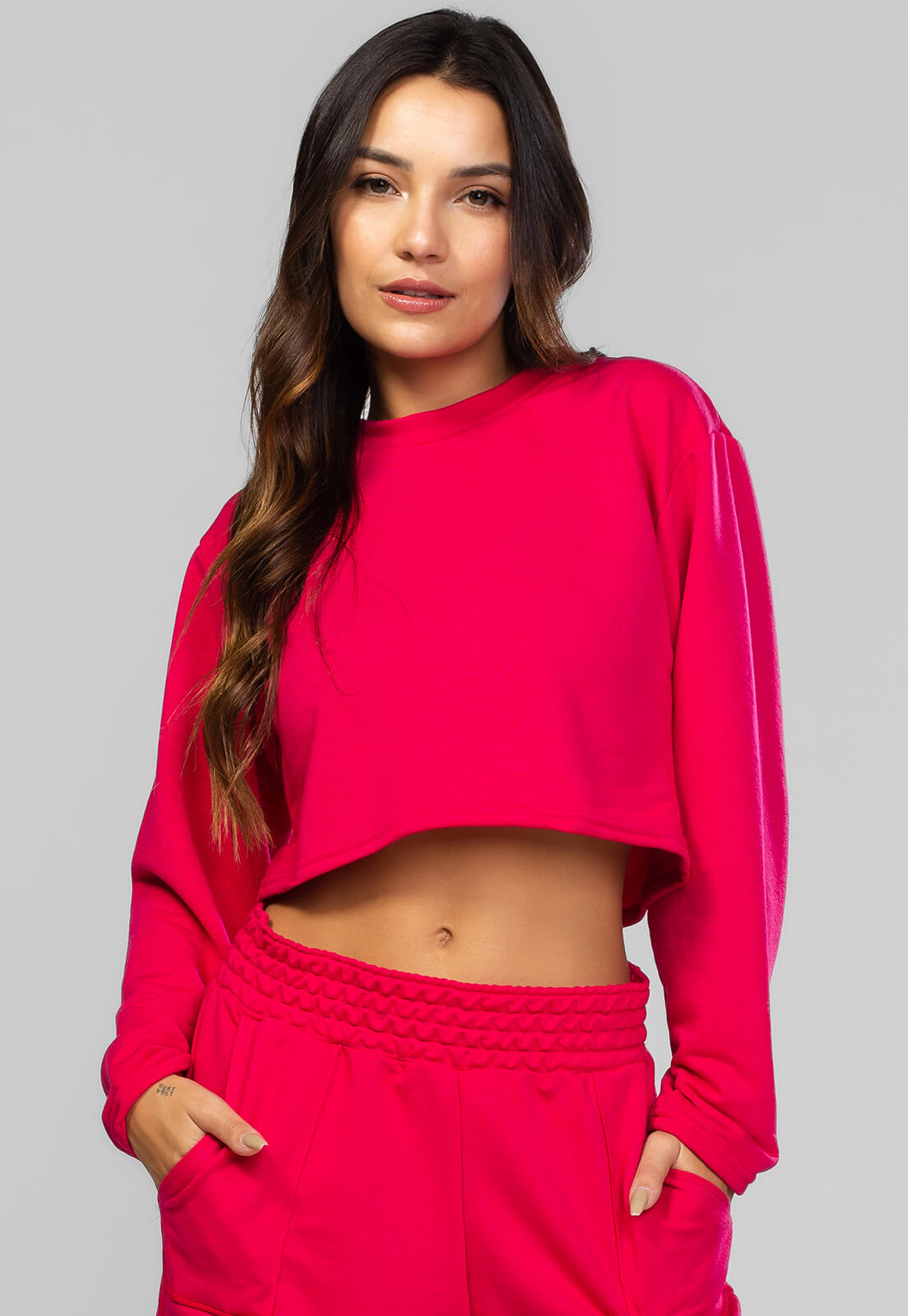 Casaco Cropped Manga Longa Moletinho Pink - Vicbela
