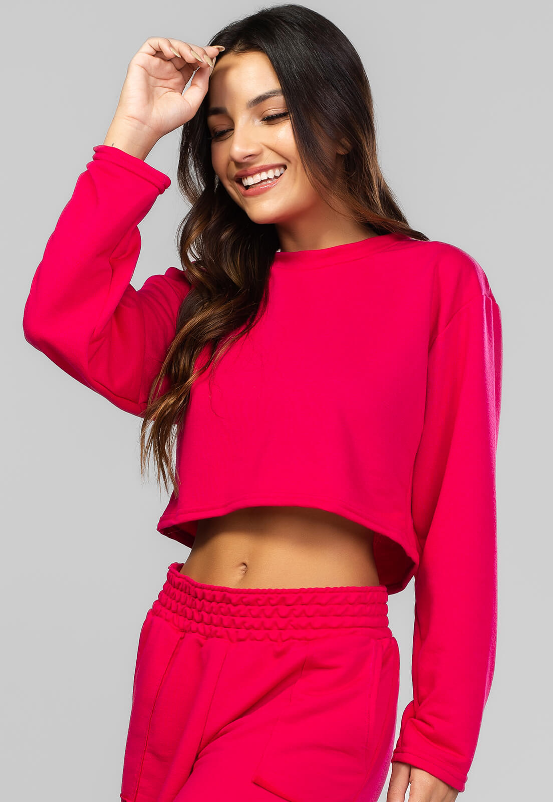 Casaco Cropped Manga Longa Moletinho Pink - Vicbela