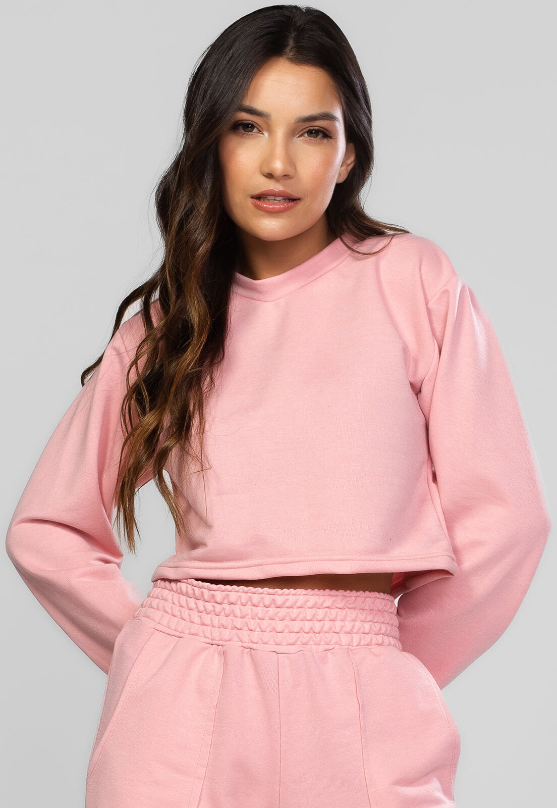 Casaco Cropped Manga Longa Moletinho Rosa - Vicbela