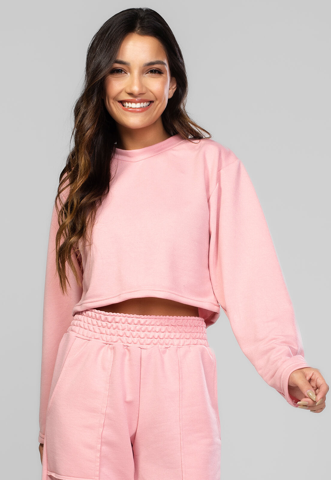 Casaco Cropped Manga Longa Moletinho Rosa - Vicbela