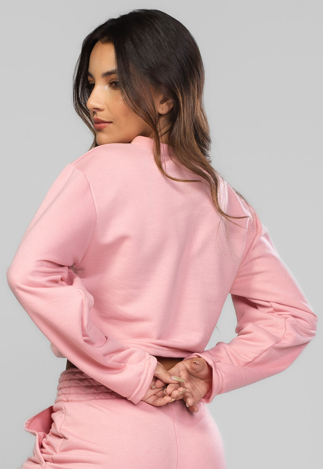 Casaco Cropped Manga Longa Moletinho Rosa - Vicbela
