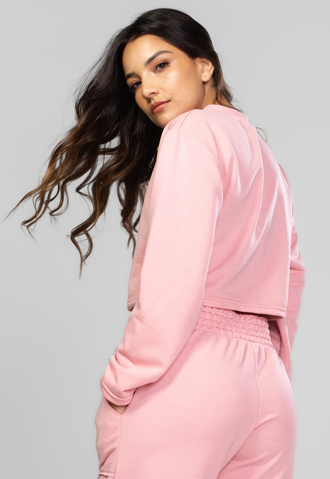 Casaco Cropped Manga Longa Moletinho Rosa - Vicbela