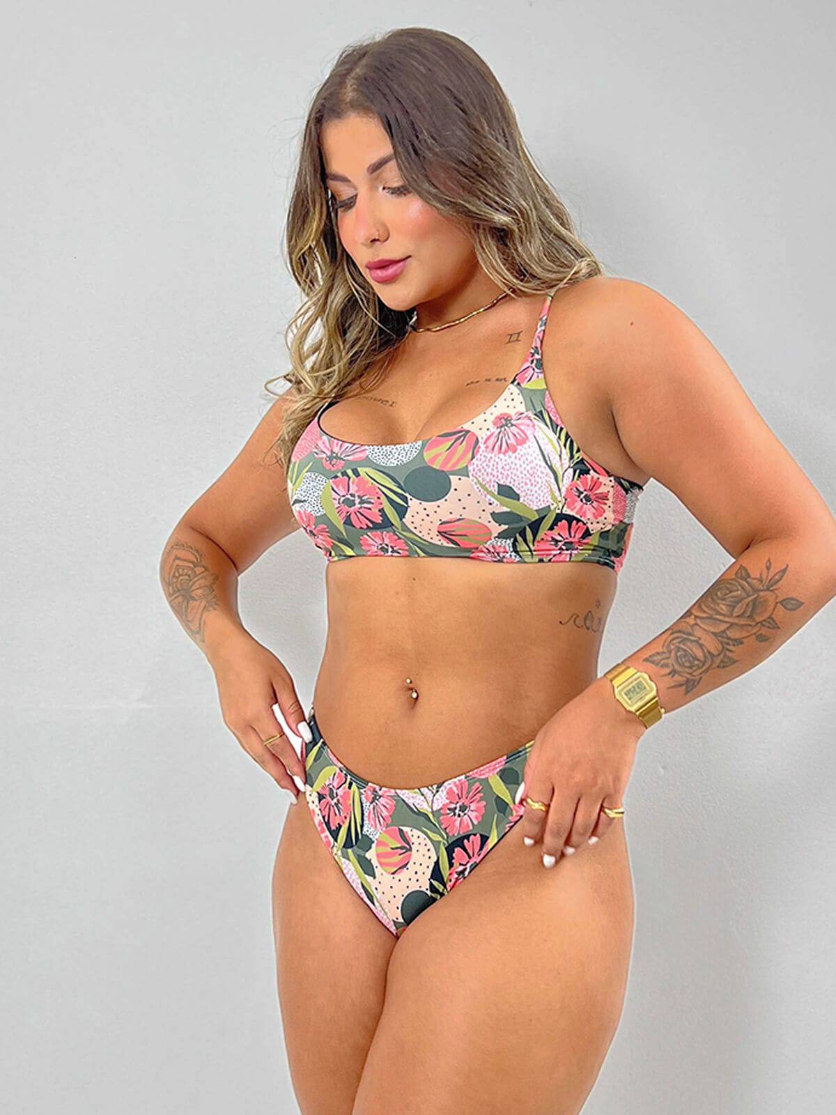 Biquíni Faixa Calcinha Comum Estampado Rosa - Vicbela