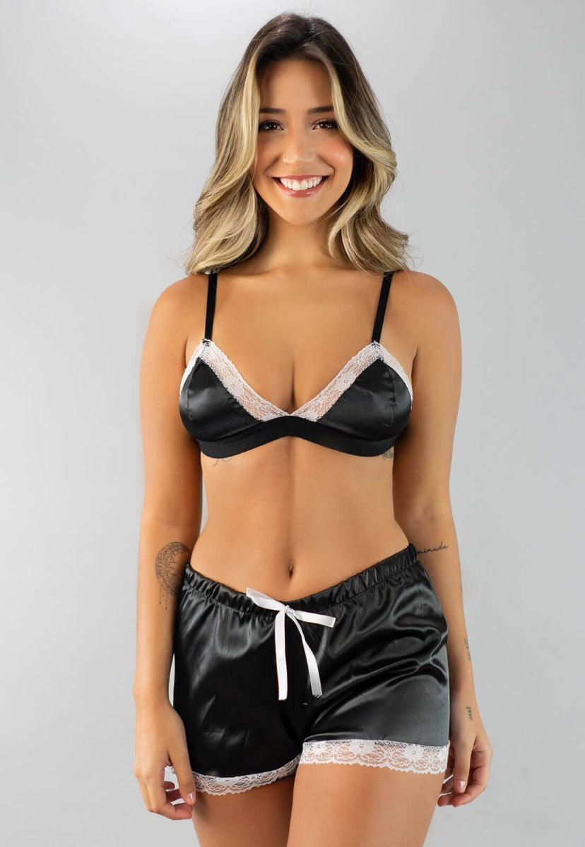 Baby Doll de Cetim Preto - Vicbela