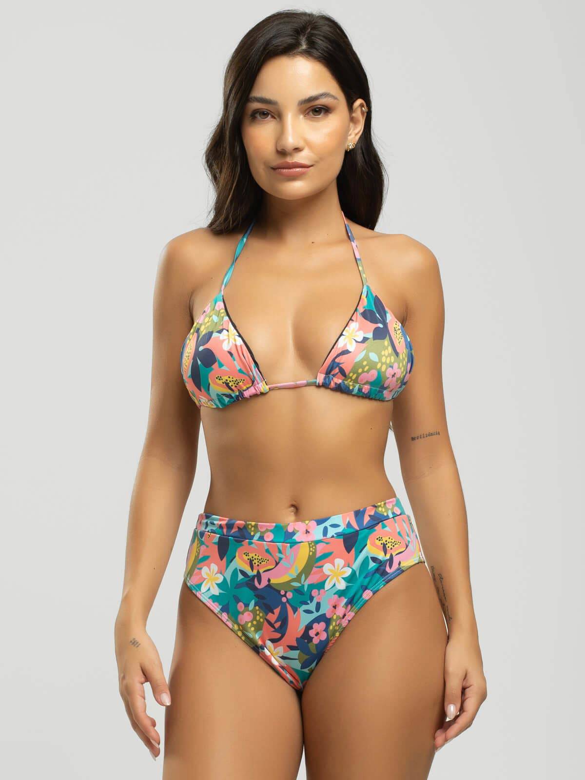 Biquíni Cortininha Calcinha Hot Pants Estampado Flor - Vicbela