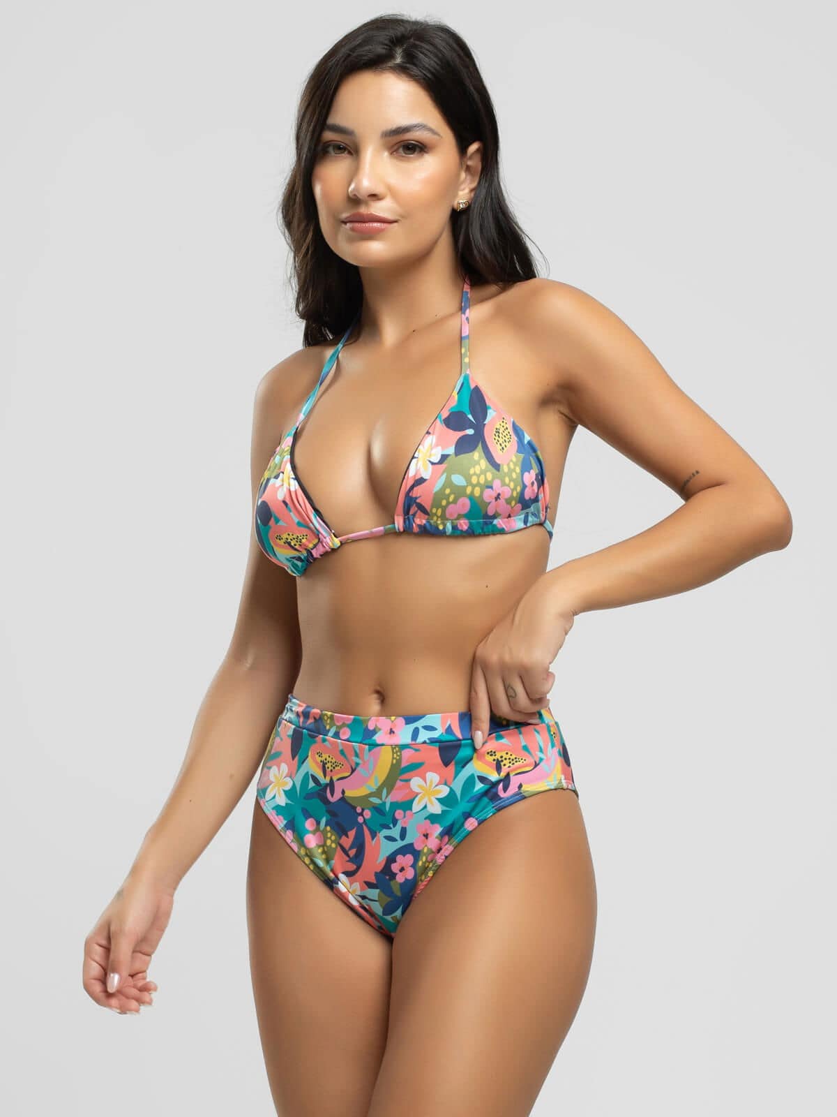 Biquíni Cortininha Calcinha Hot Pants Estampado Flor - Vicbela