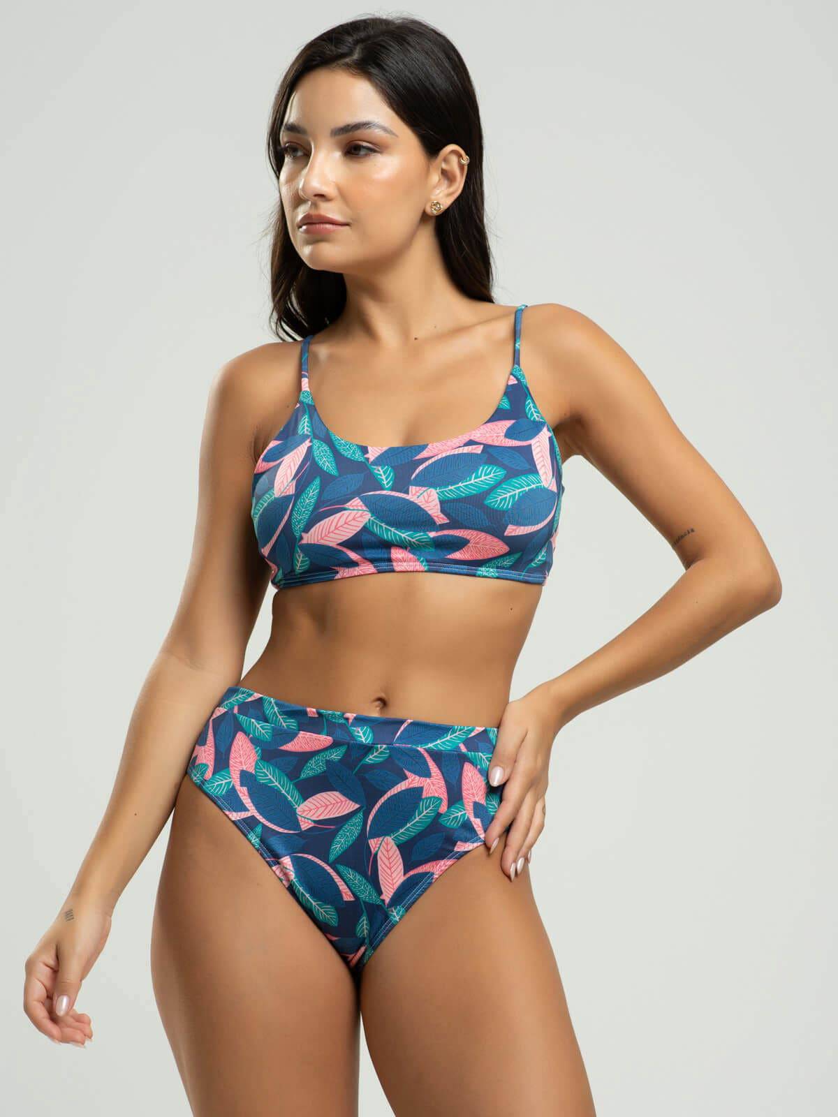 Biquíni Faixa Calcinha Hot Pants Estampado Folha - Vicbela