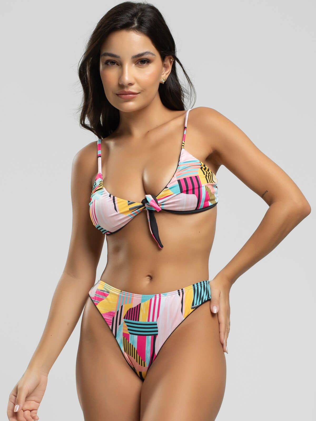 Biquini Laço Calcinha Fio Duplo Estampado Amarelo - Vicbela