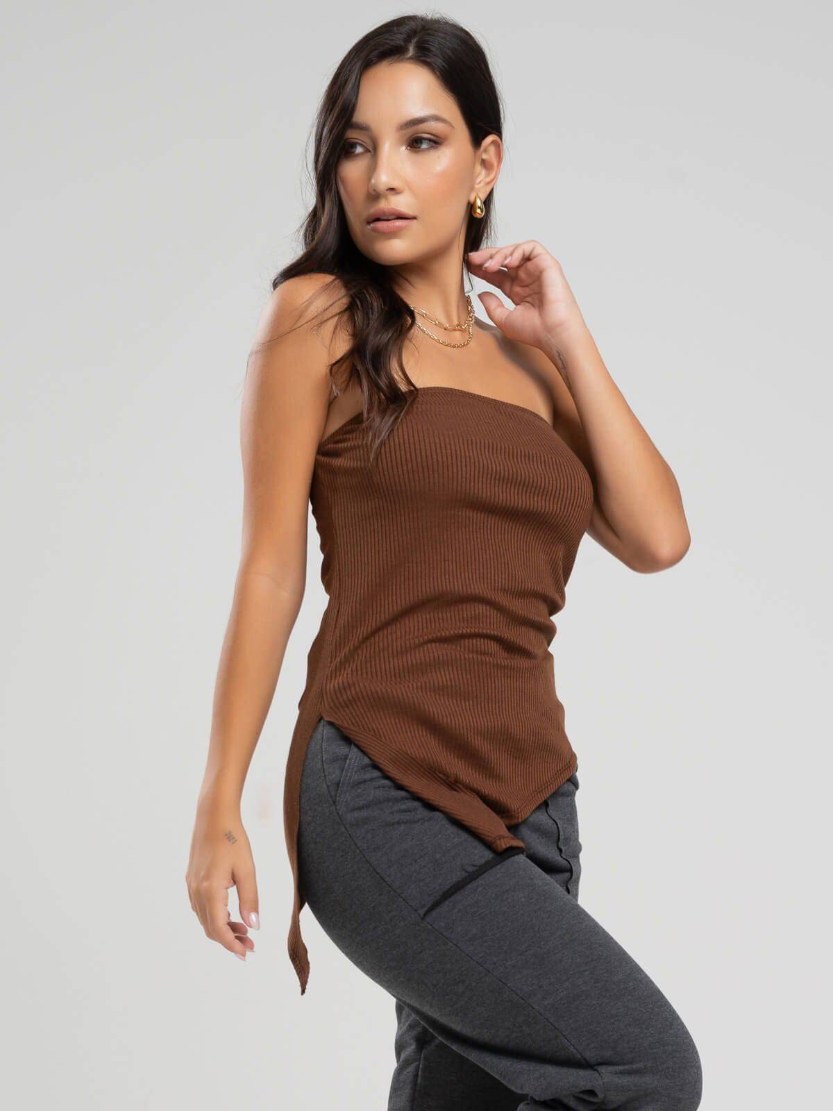 Blusa Assimétrica Tomara que Caia Marrom - Vicbela
