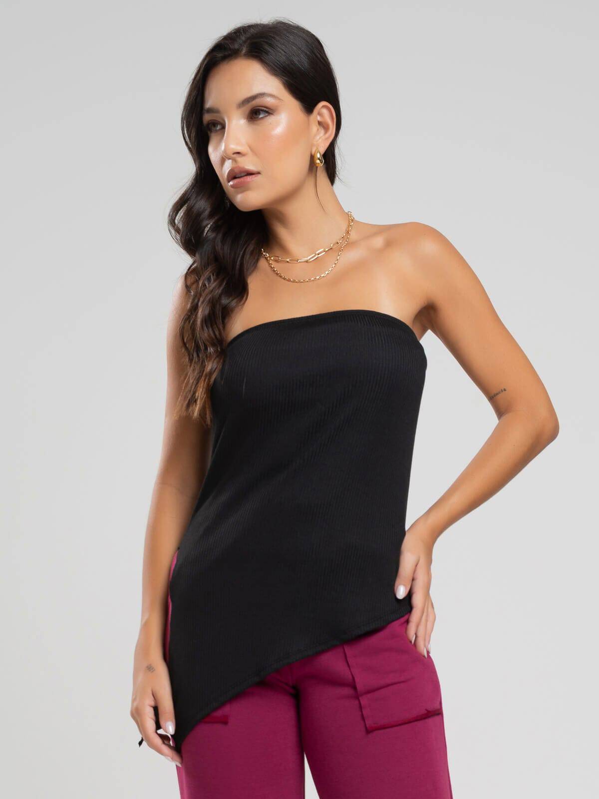 Blusa Assimétrica Tomara que Caia Preta - Vicbela