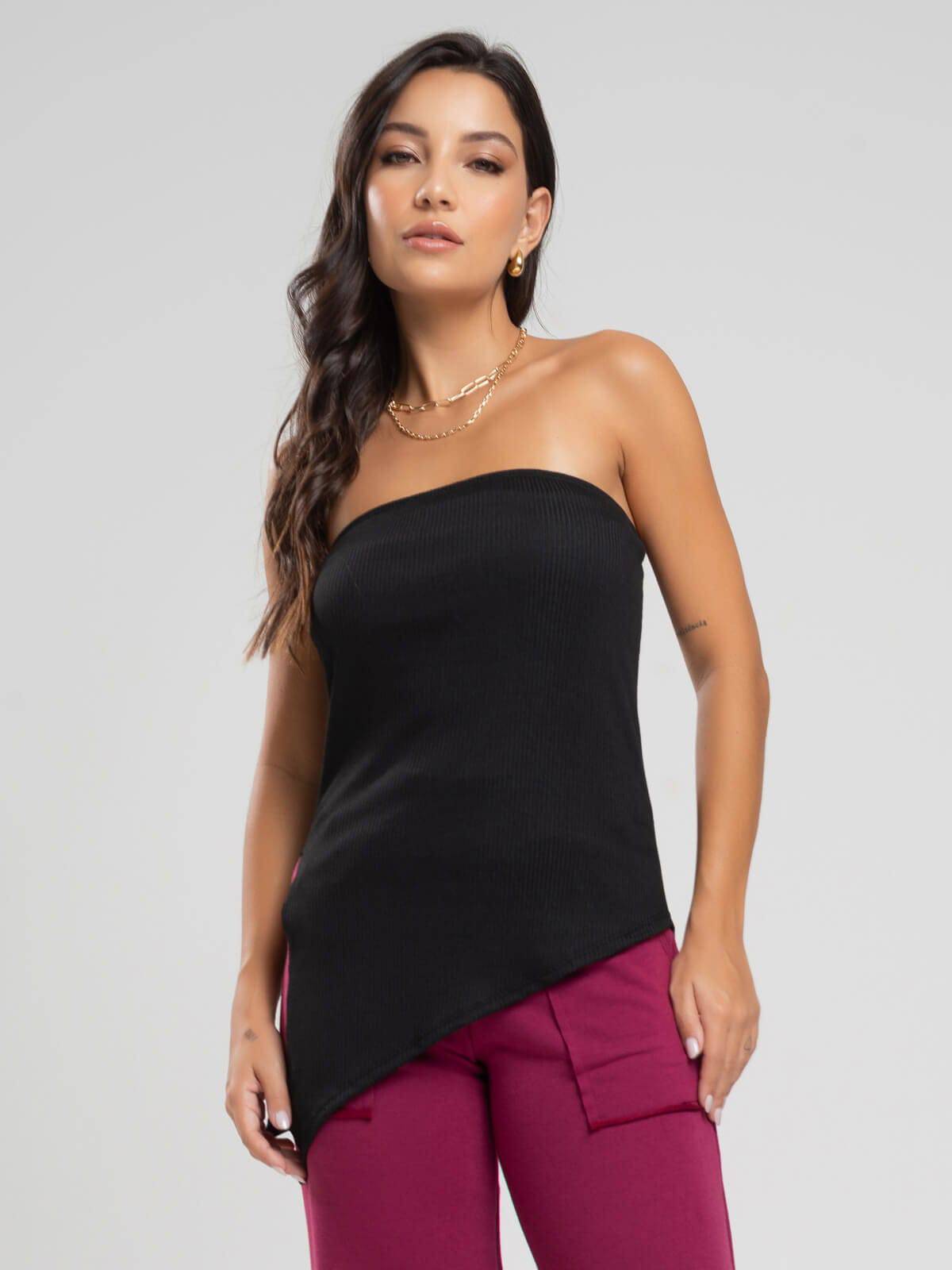 Blusa Assimétrica Tomara que Caia Preta - Vicbela