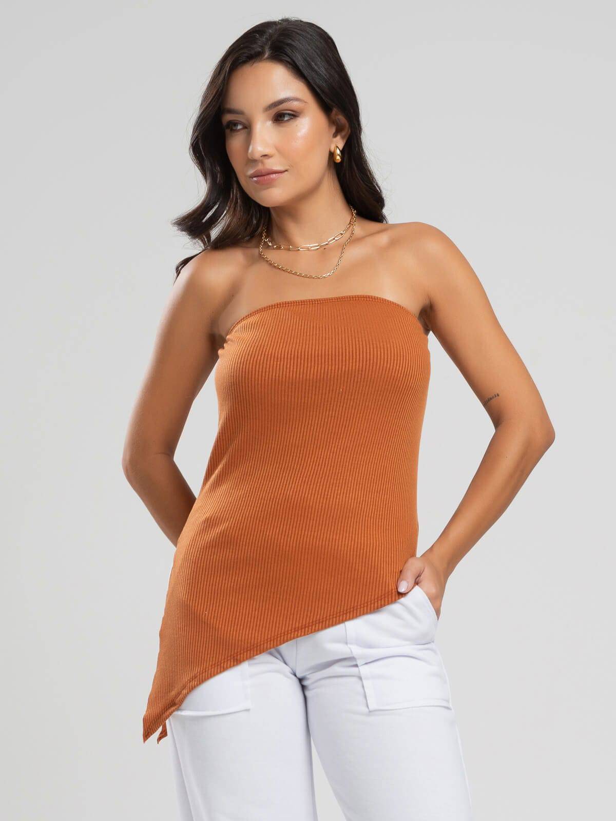 Blusa Assimétrica Tomara que Caia Terracota - Vicbela