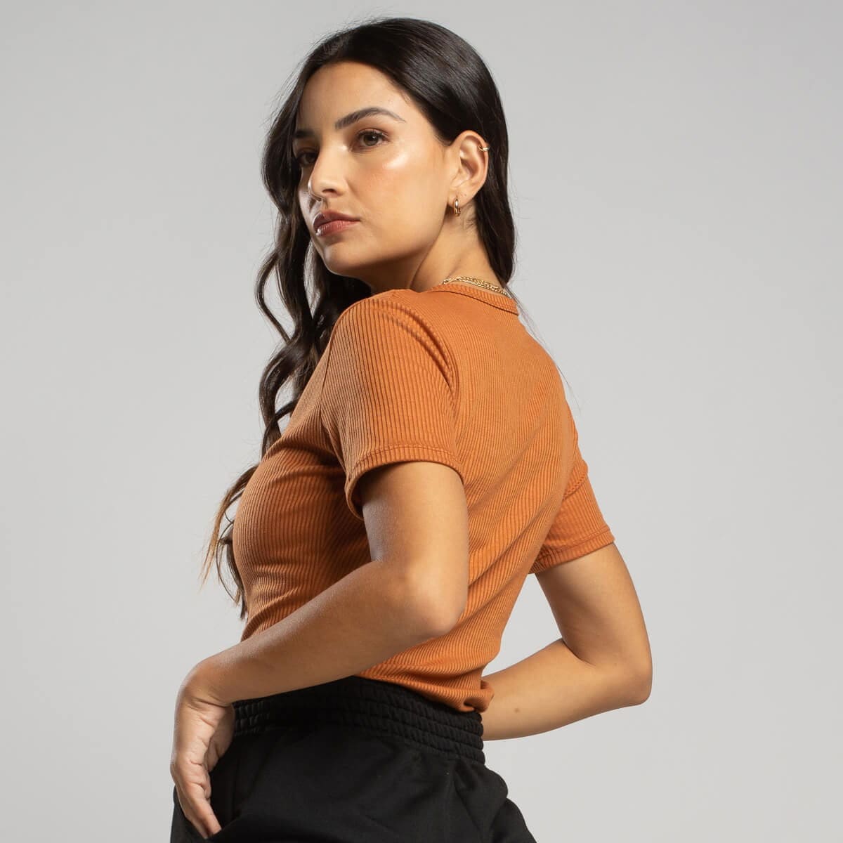 Blusa Manga Curta Canelada Terracota - Vicbela