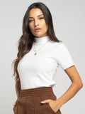 Blusa Manga Curta Gola Alta Canelada Branco - Vicbela