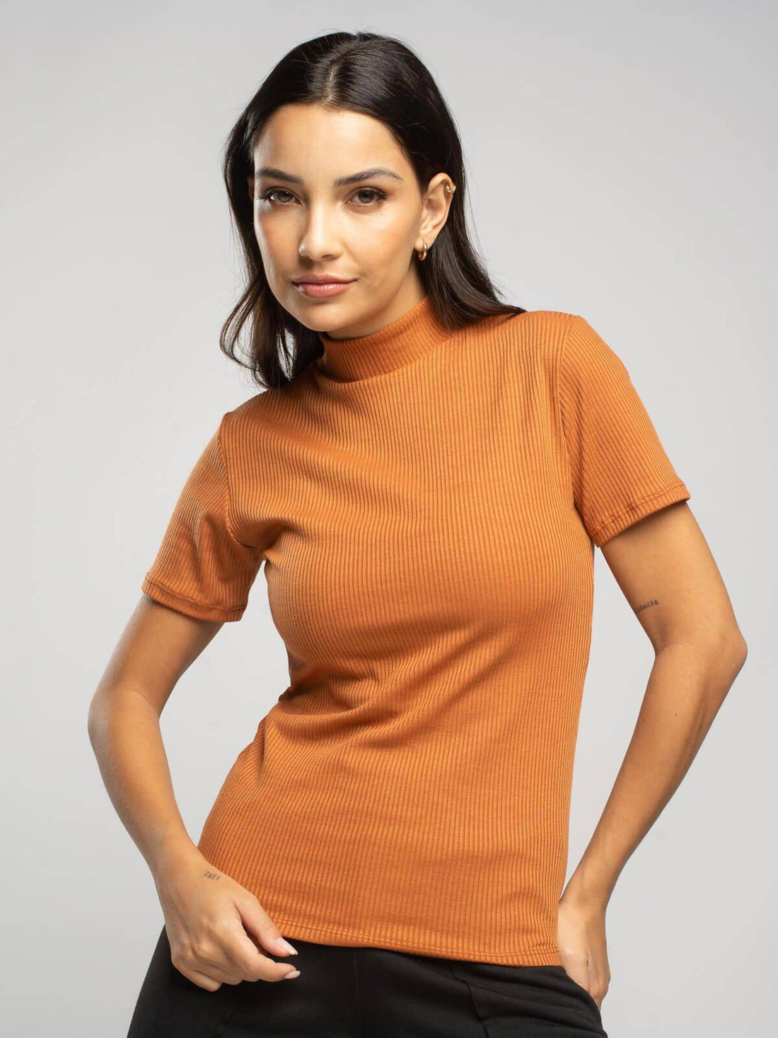 Blusa Manga Curta Gola Alta Canelada Terracota - Vicbela