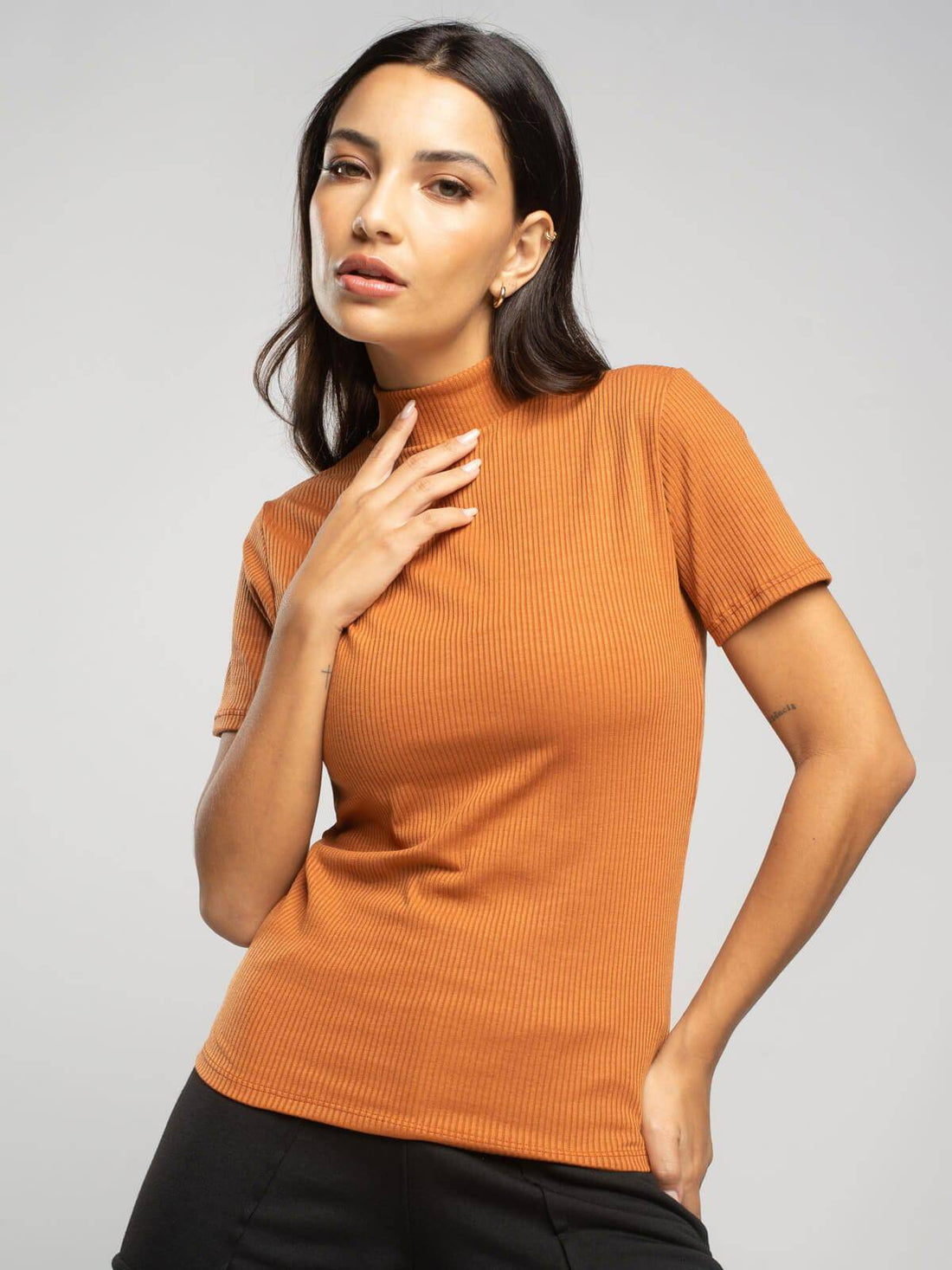 Blusa Manga Curta Gola Alta Canelada Terracota - Vicbela