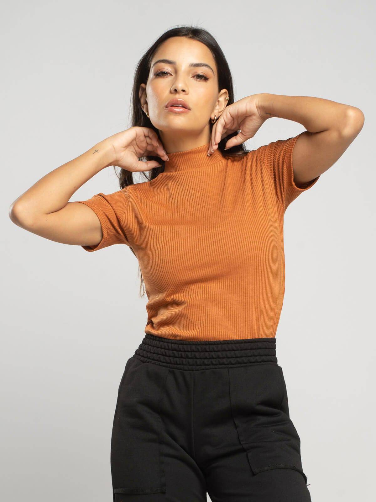 Blusa Manga Curta Gola Alta Canelada Terracota - Vicbela