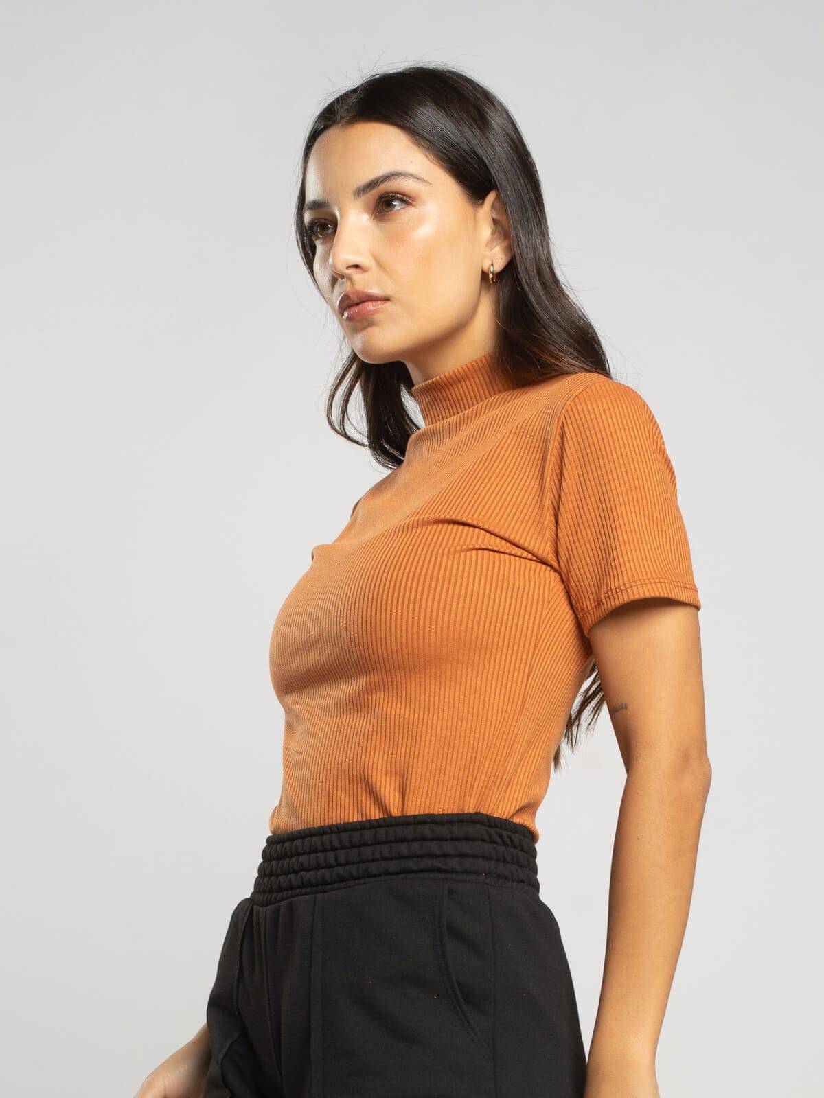 Blusa Manga Curta Gola Alta Canelada Terracota - Vicbela