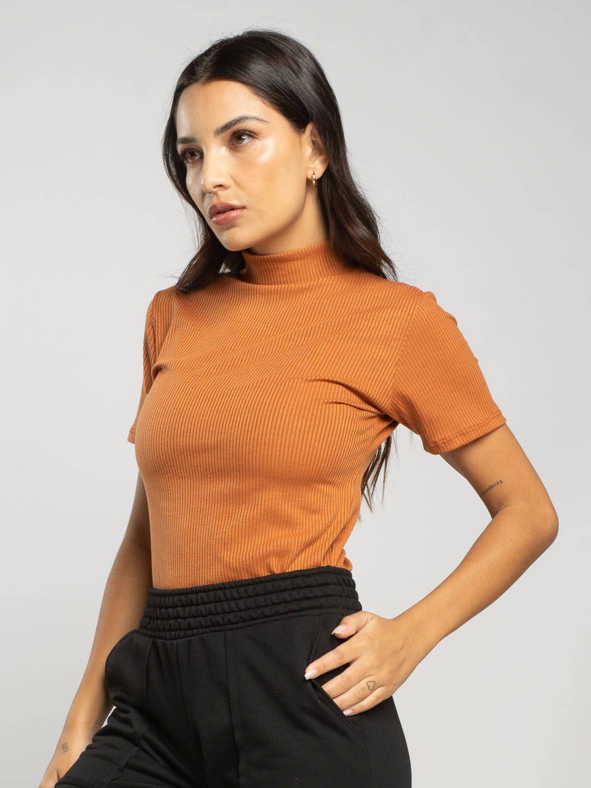 Blusa Manga Curta Gola Alta Canelada Terracota - Vicbela