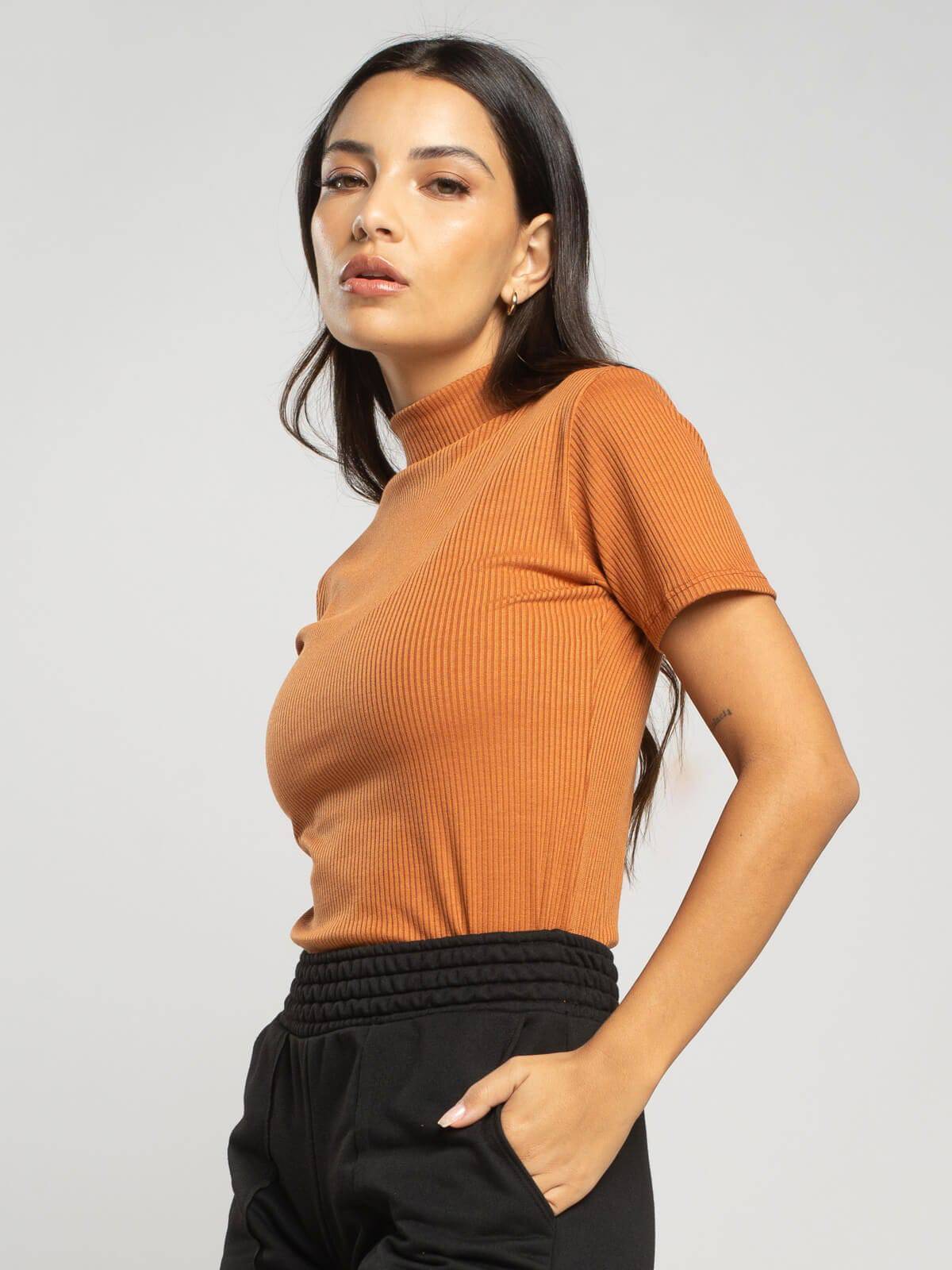 Blusa Manga Curta Gola Alta Canelada Terracota - Vicbela