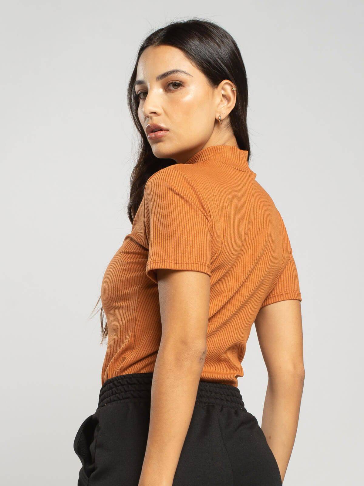 Blusa Manga Curta Gola Alta Canelada Terracota - Vicbela