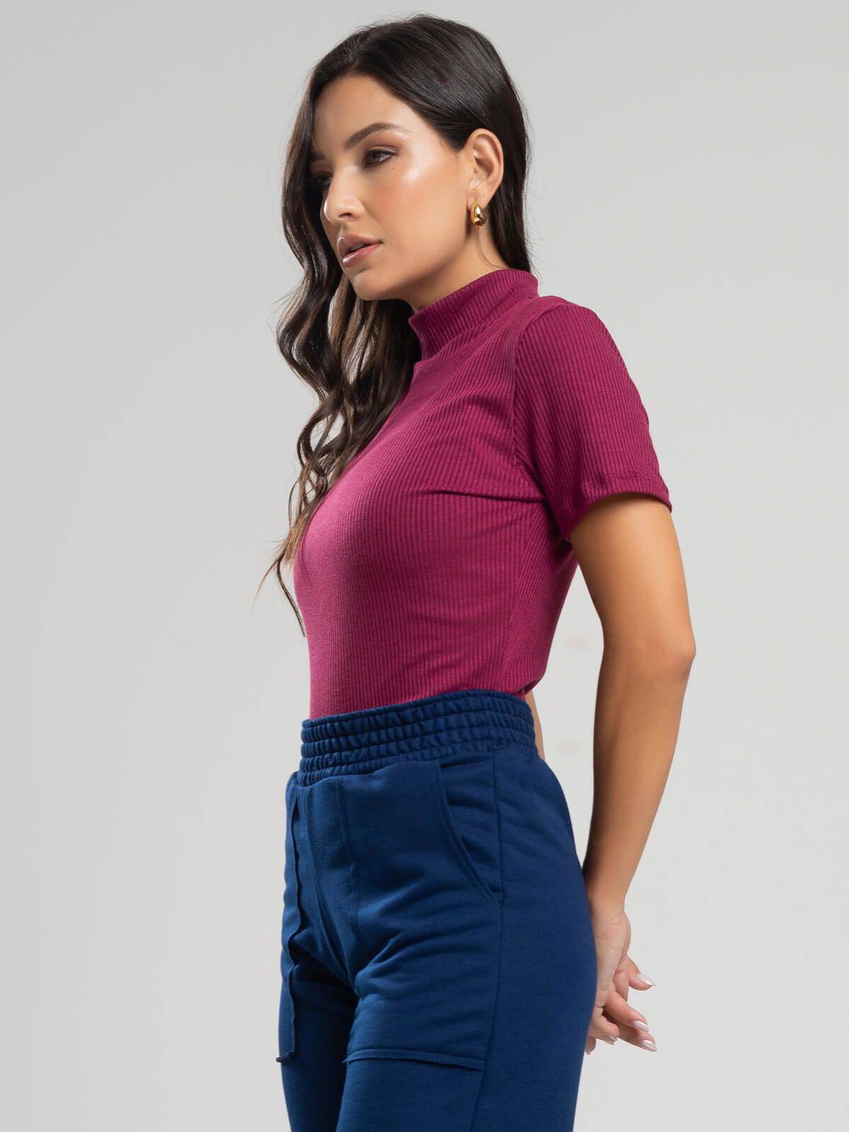 Blusa Manga Curta Gola Alta Canelada Vinho - Vicbela