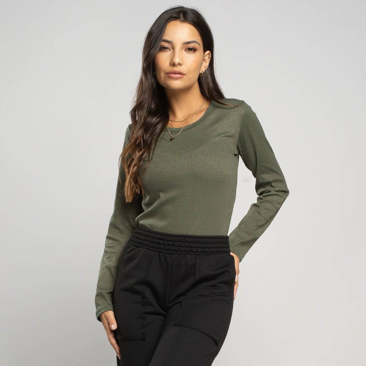 Blusa Manga Longa Canelada Verde - Vicbela