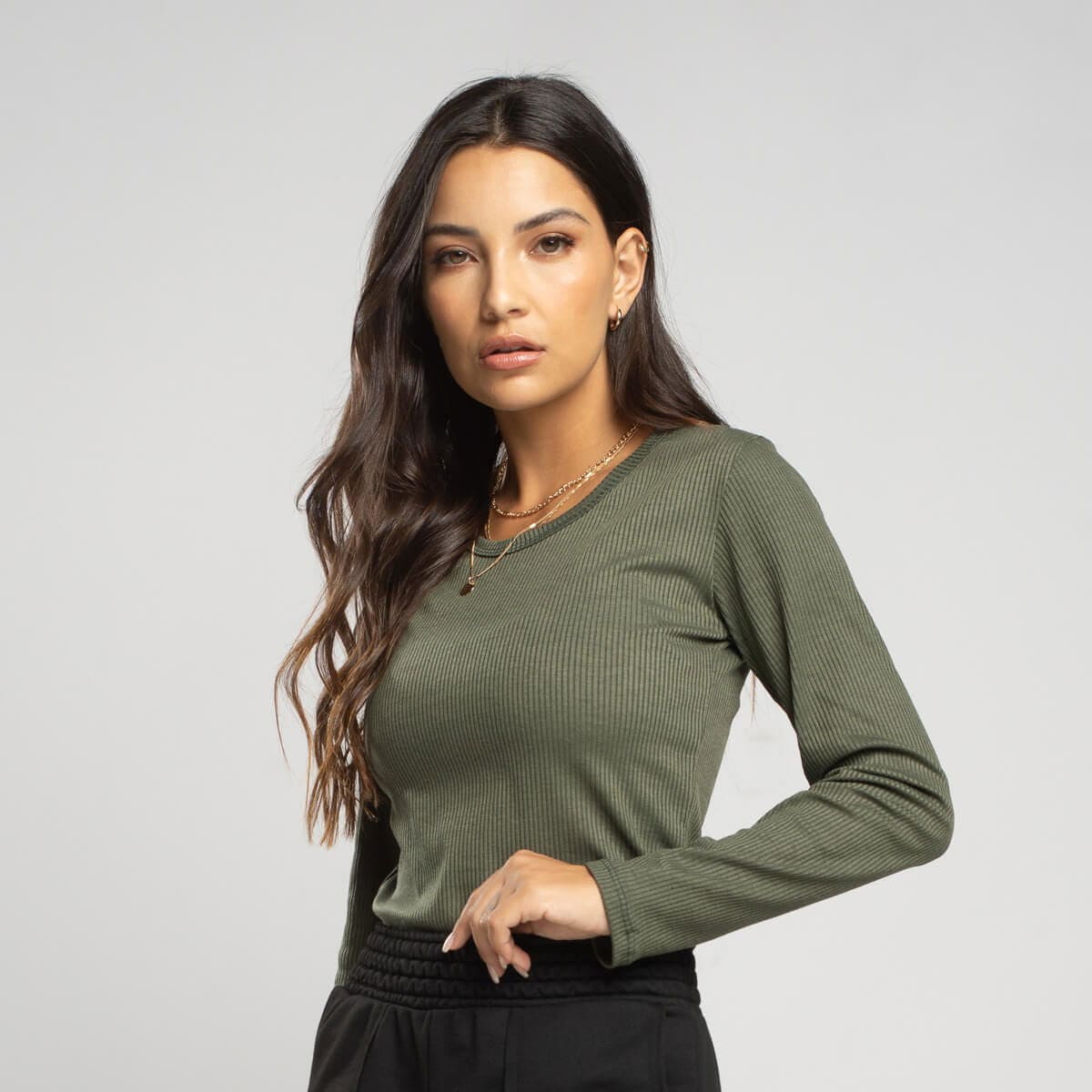 Blusa Manga Longa Canelada Verde - Vicbela