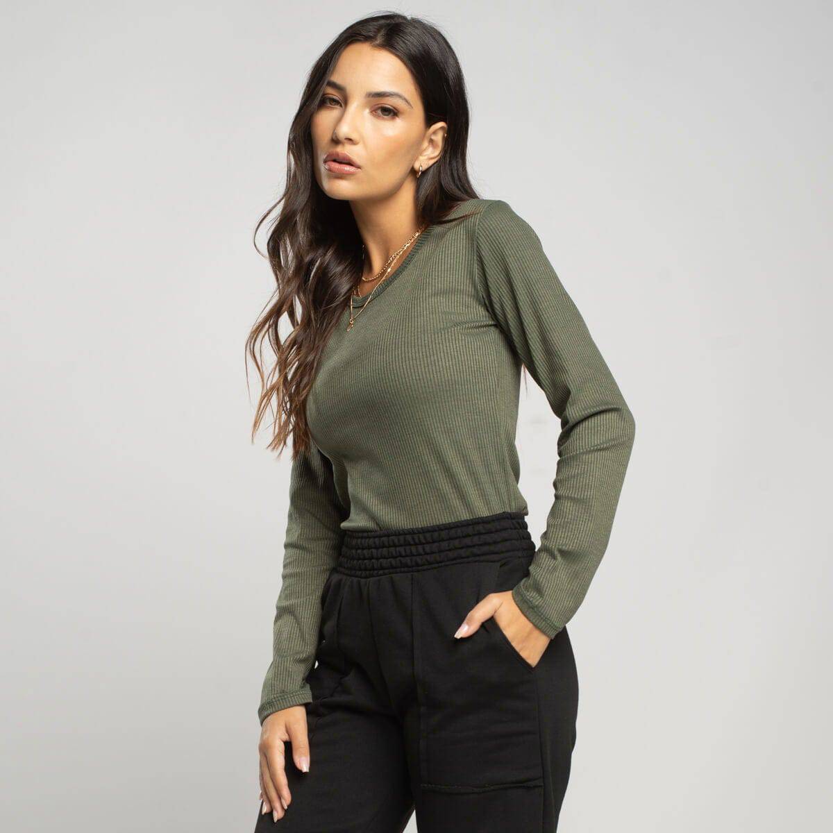 Blusa Manga Longa Canelada Verde - Vicbela