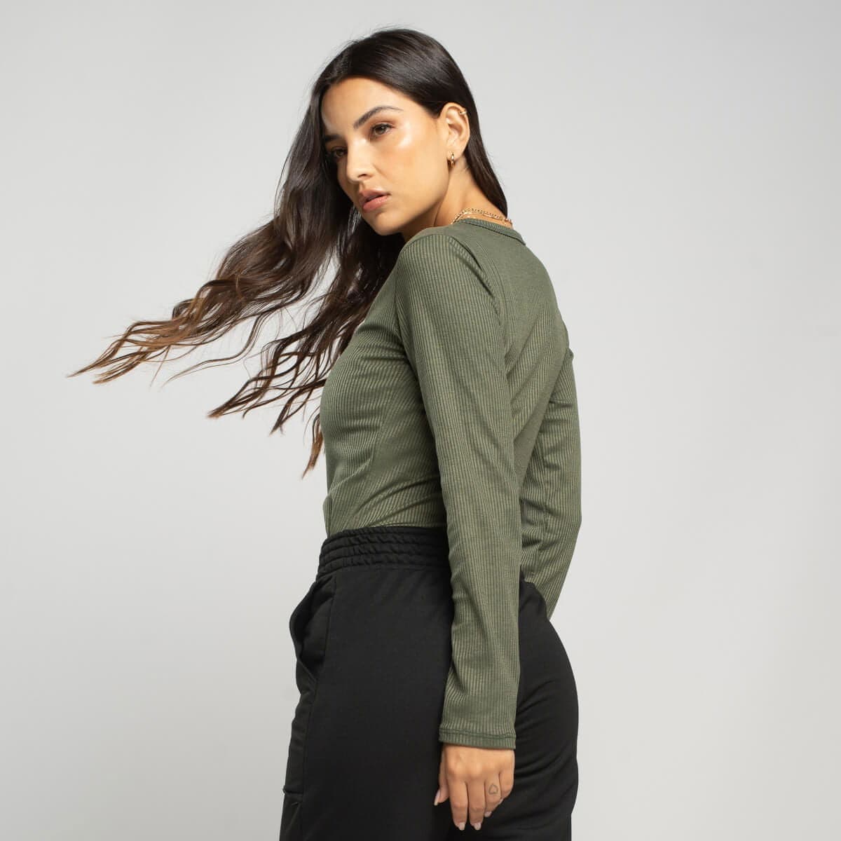 Blusa Manga Longa Canelada Verde - Vicbela