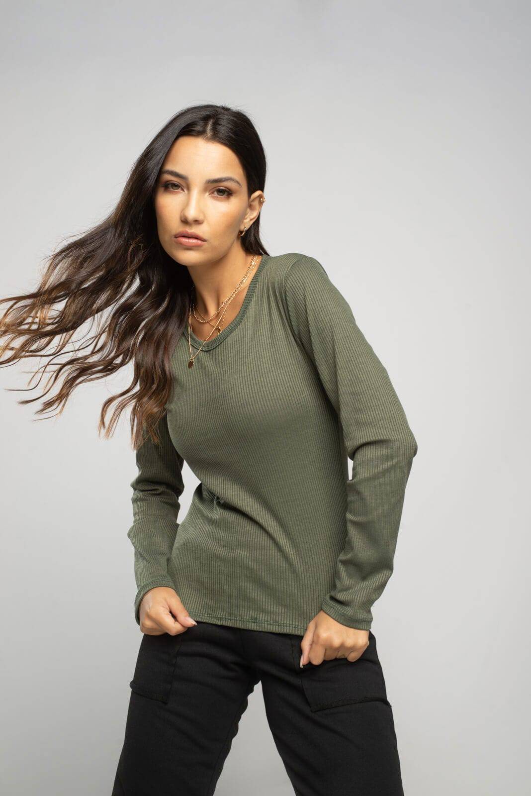 Blusa Manga Longa Canelada Verde - Vicbela