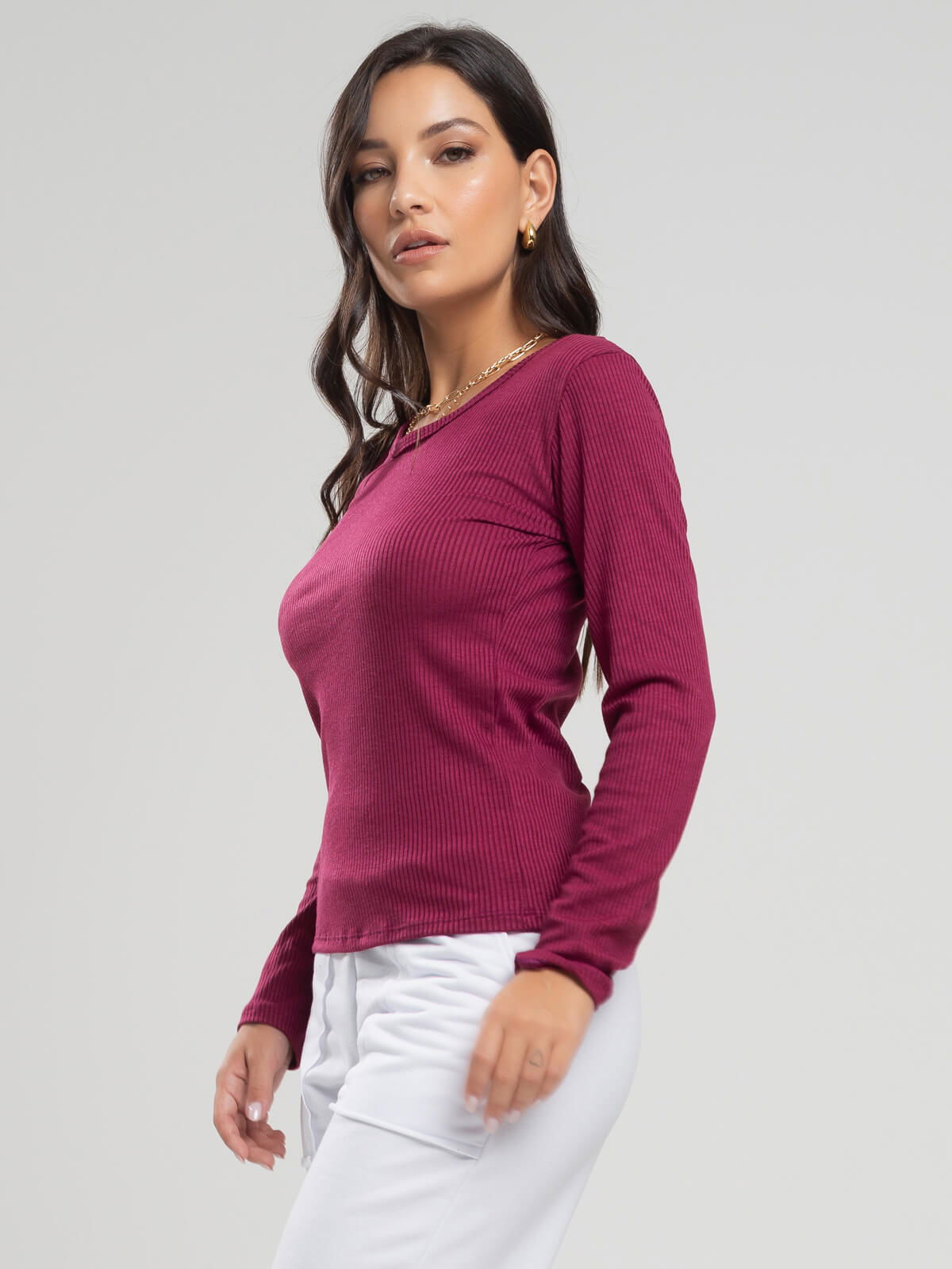 Blusa Manga Longa Canelada Vinho - Vicbela