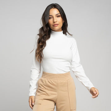 Blusa Manga Longa Gola Alta Canelada Branco - Vicbela