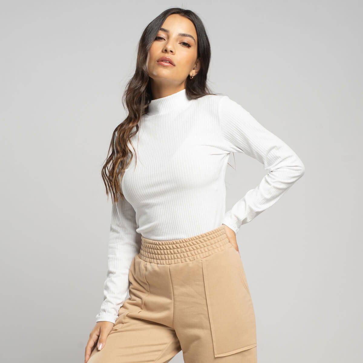 Blusa Manga Longa Gola Alta Canelada Branco - Vicbela